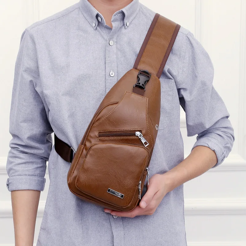 USB Charging Crossbody Anti-theft Chest Bag PU Leather Short Trip Messengers Bag Men Shoulder Bags M1091