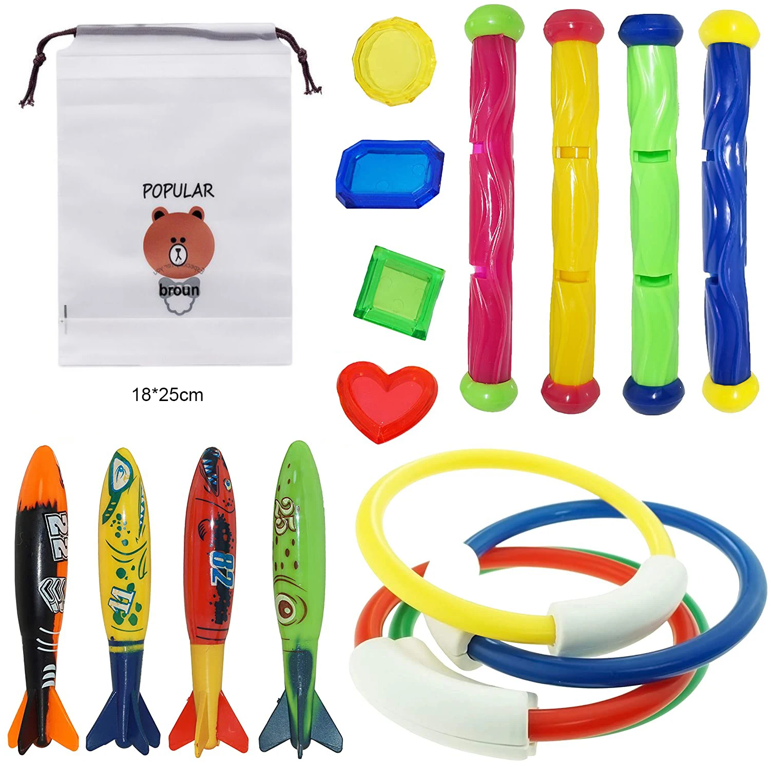 22-Piece Underwater Diving Toy Set – Rings, Torpedoes, Sticks For Pool Fun