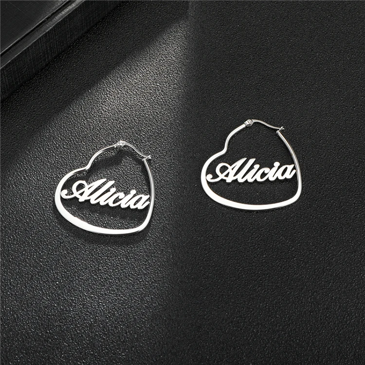Stainless Steel Jewelry Personalized Heart Hoop Earring Custom Silver Name plate Earrings For best friend gift