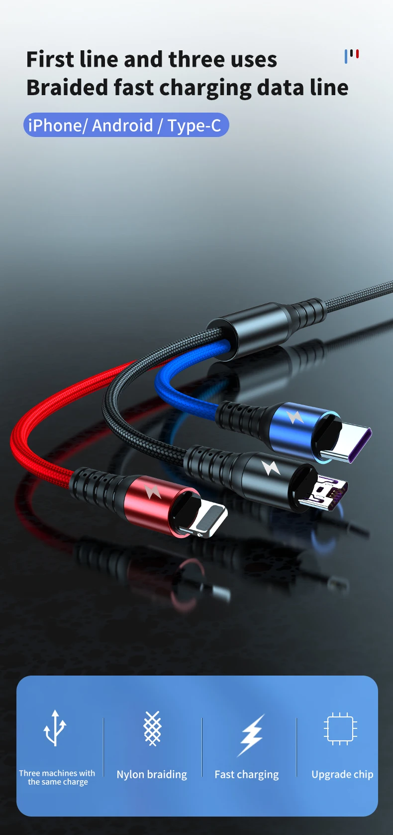 Phone accessories 5A super charge USB cable 3 in 1 fast Charger cable 2.0 type-C c-type data usb cable CE ROHS FCC - ANKUX.COM