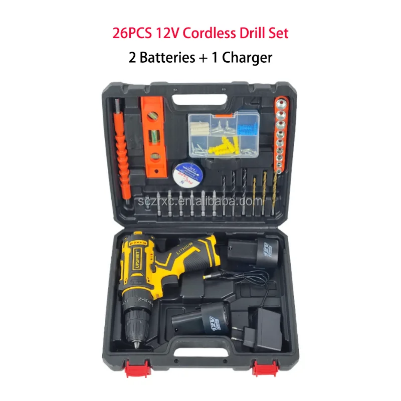 26pcs Cordless Chargeable Drill Combo Kit 12v Lithium Battery Powered