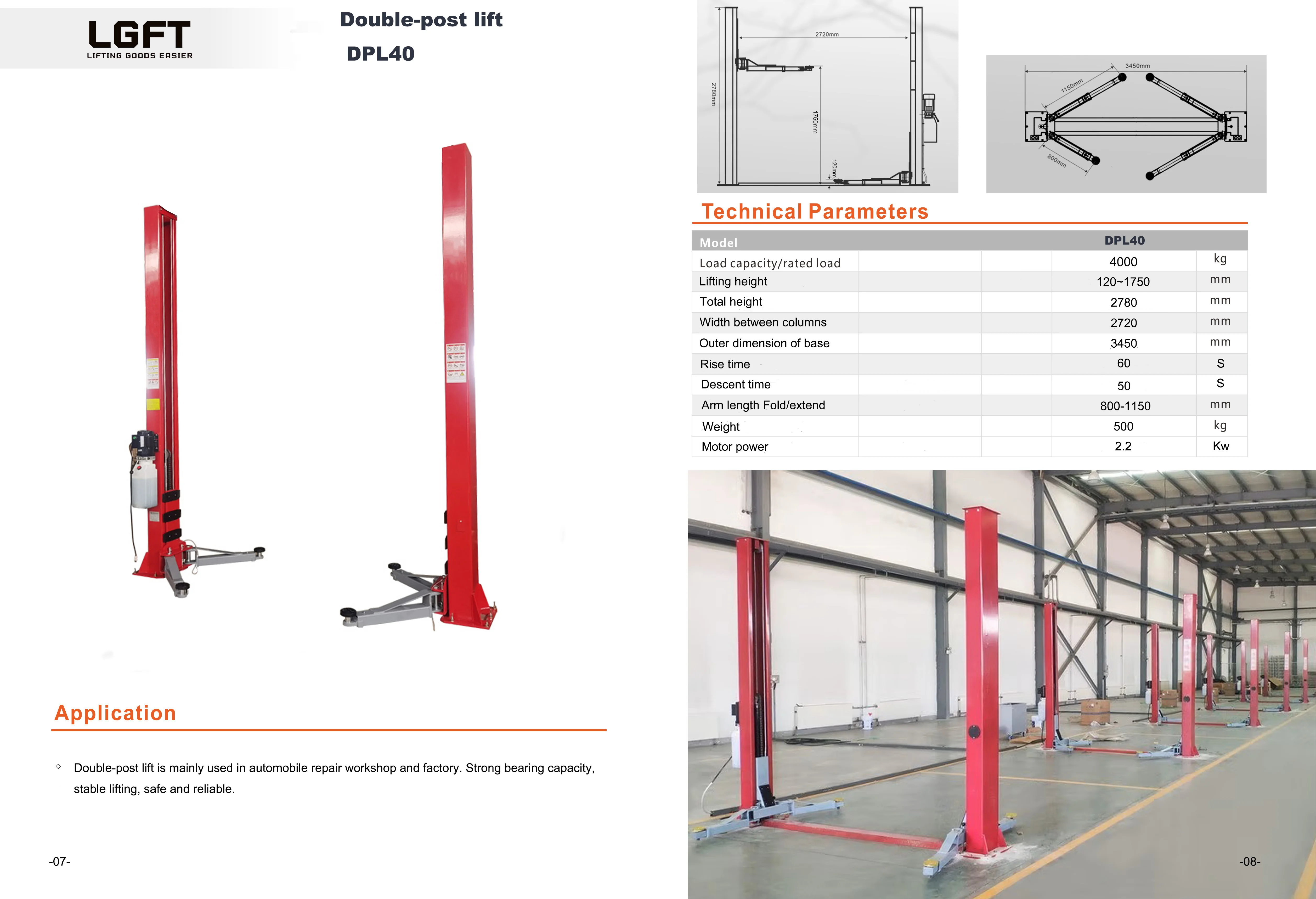 2 Post Car Lift Auto Hoist Hydraulic Lift 4.0t 3.5tons Car Repair Lift