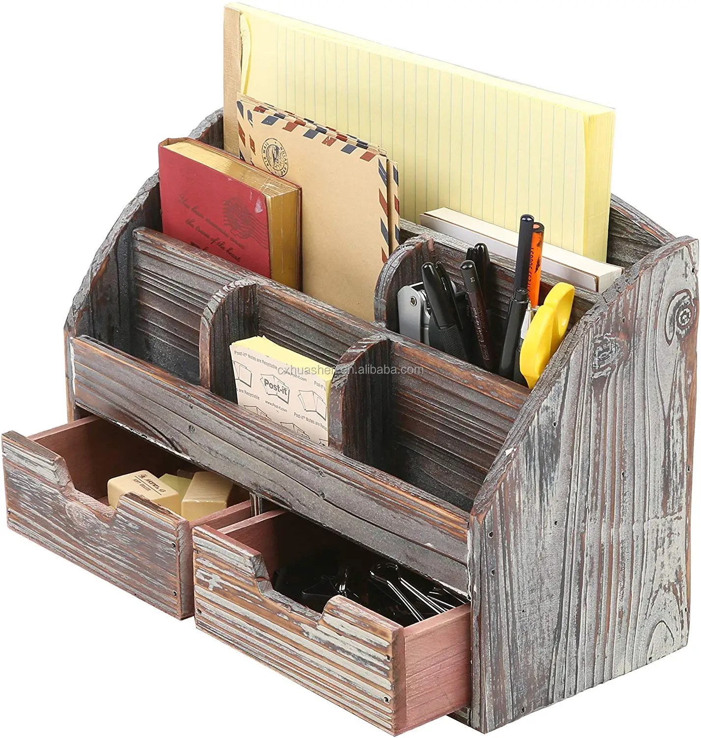 2020 Country Rustic Style Desktop Distressed 6 Compartment 2 Drawer