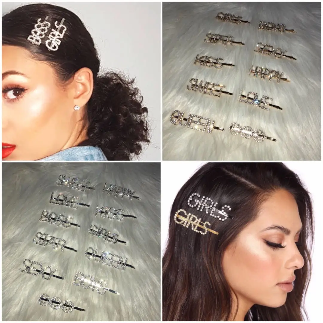 hair pin accessories pearl boss glam glitter words hair clip