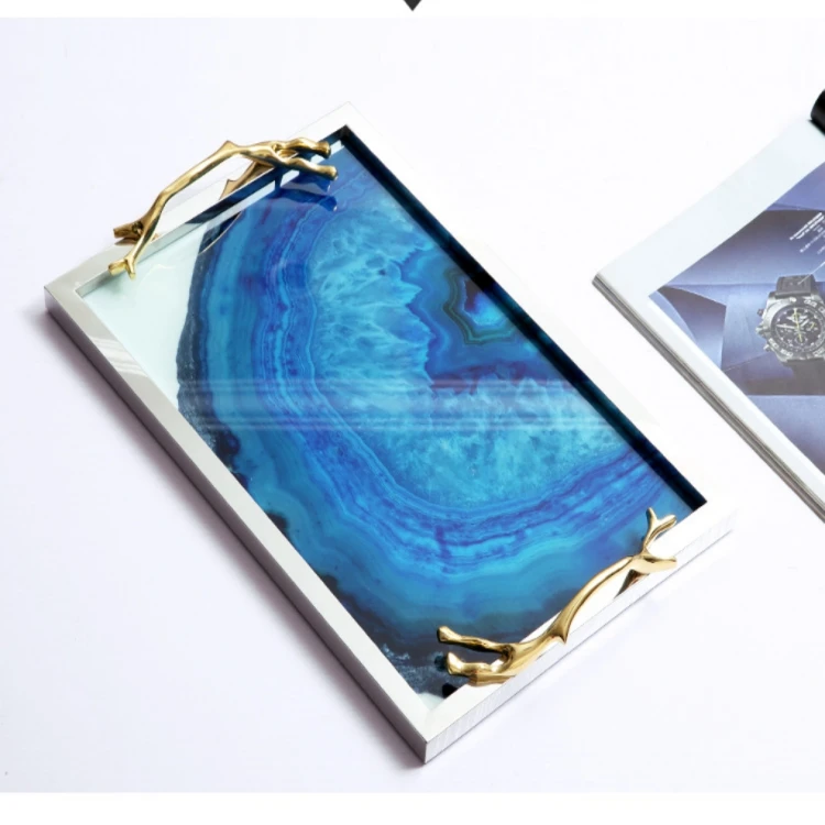 Modern table decoration handle tray gold iron blue agate glass servuing tray