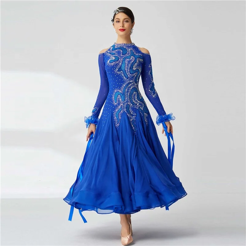 b-2063高品质水钻蓝色交谊舞比赛礼服光滑连衣裙女士华尔兹舞裙出售