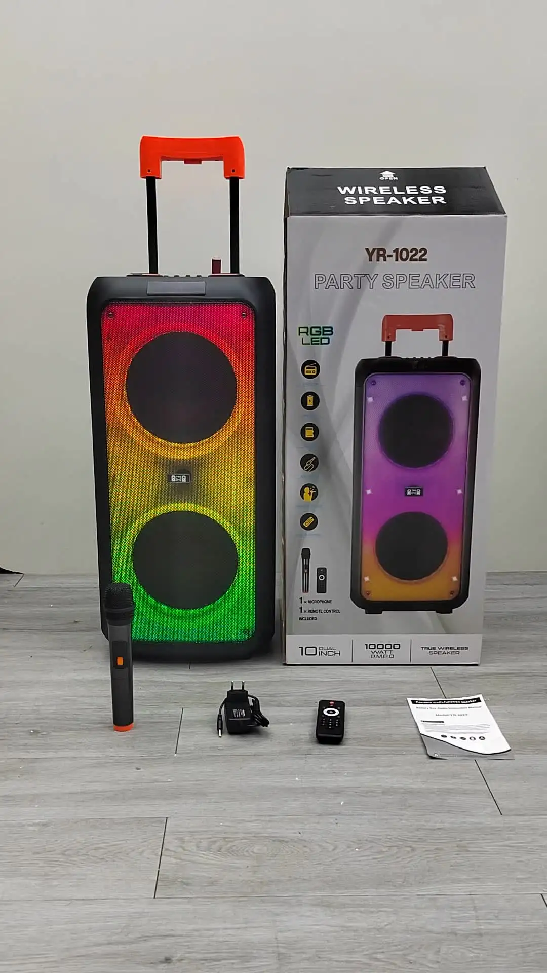 Portable 10-Inch Active Dual Subwoofer Trolley RGB Microphone USB Wireless  TF Card Home Theatre Karaoke Battery Powered Speakers