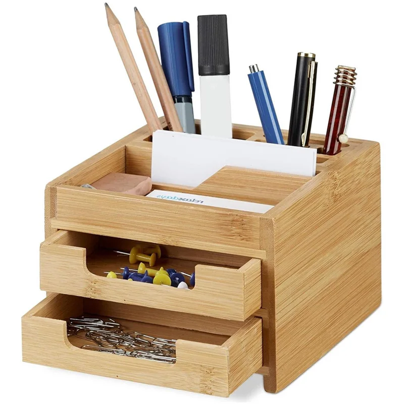 Bamboo Desk Organizer with Drawers - Eco-Friendly Wooden Pen and ...