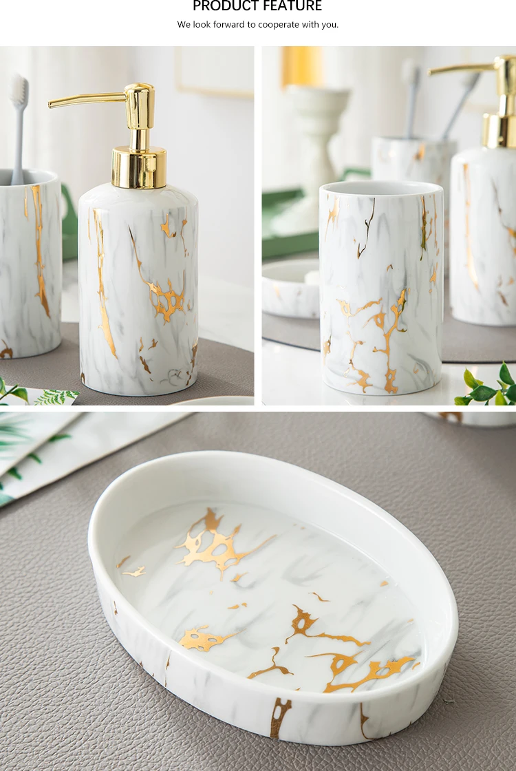 Wholesale Europe Style Gold Marble Decal Hotel Ceramic 4 Pcs Bath