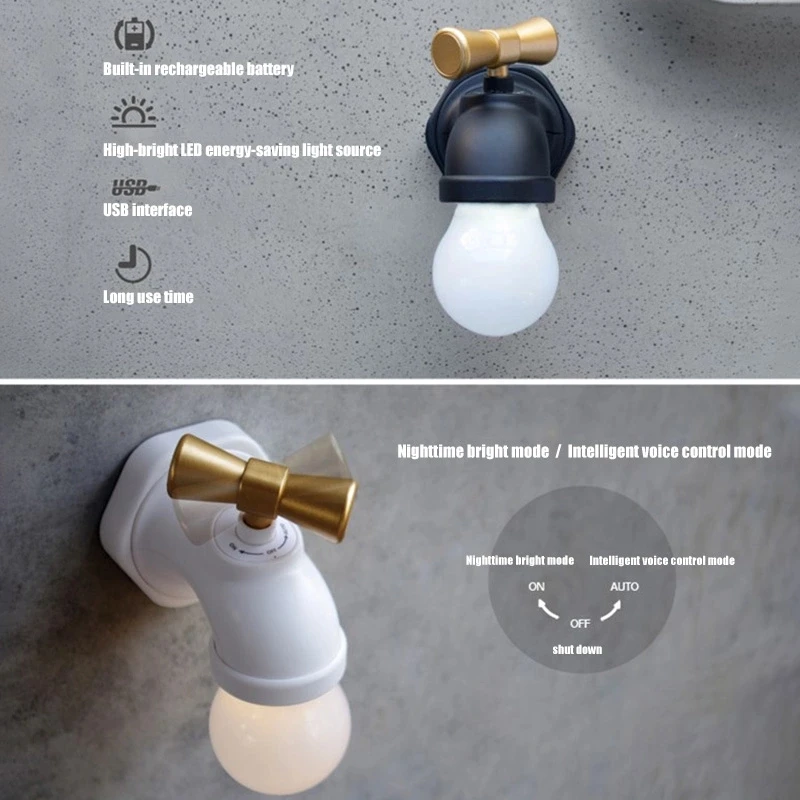Vintage Faucet Small Night Light 0.5w 5V 500mA Home Smart Voice Sensor USB Recharge Little Night Lamp LED