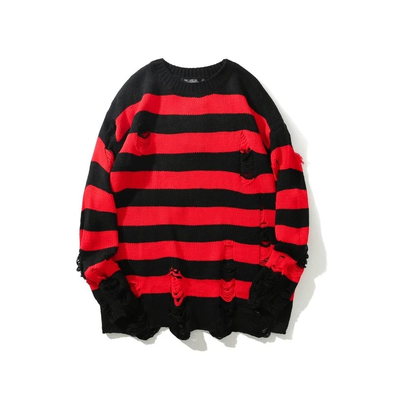 
Hot Sale Fashion Men Red Black Stripe Sweater Red And Black Striped Sweater Men Ripped Baggy Sweater 