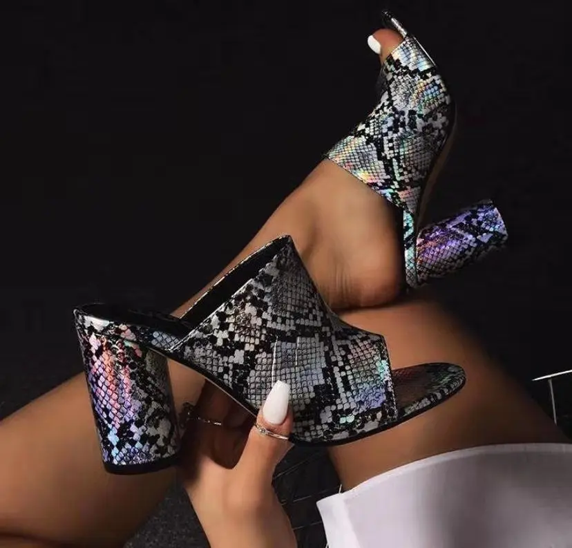 
European and American slippers block heels shoes snake print sandals round heel high heels shoes size 41 