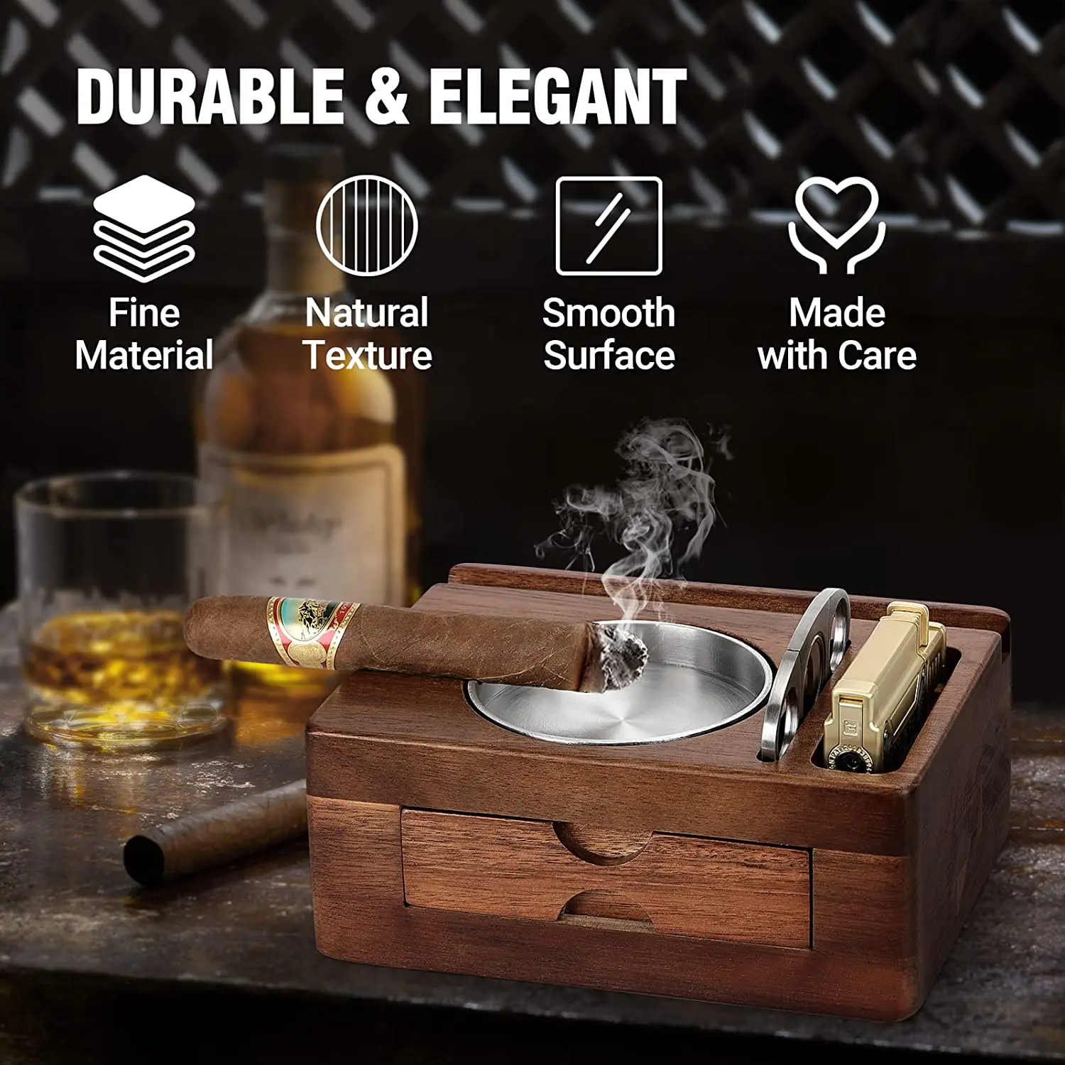 Wooden Cigar Ashtrays With Cigar Cutter,Phone Tablet Cigar Holder