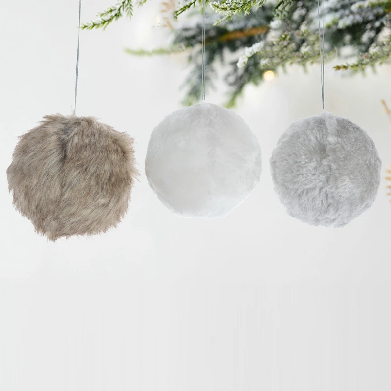Chinese trading company White fluffy pom pom baubles grey ball hanging brown Christmas tree ornaments Winter Holiday