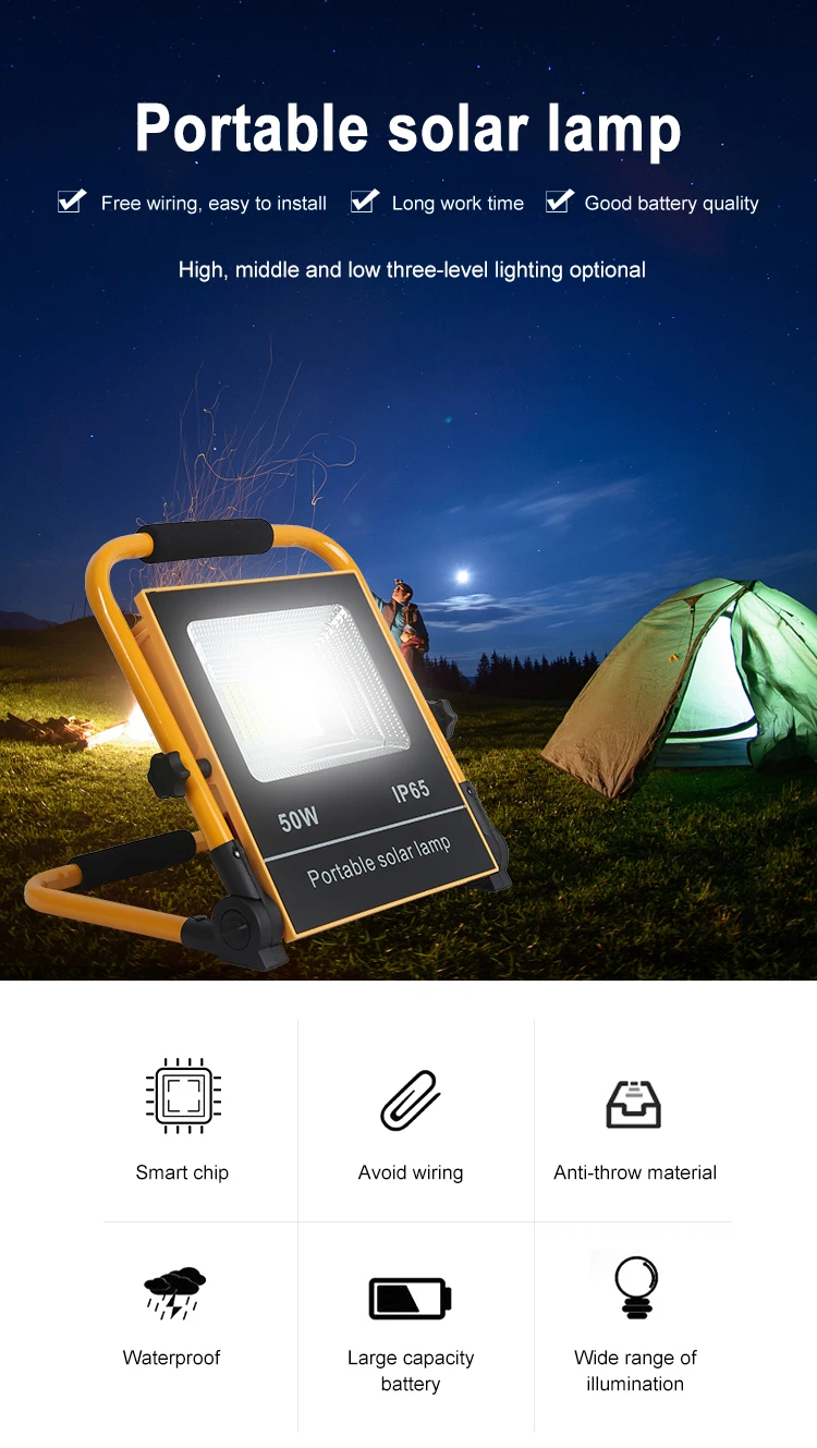 Portable solar rechargeable 50watt 100watt ip66 waterproof outdoor smd led work flood light