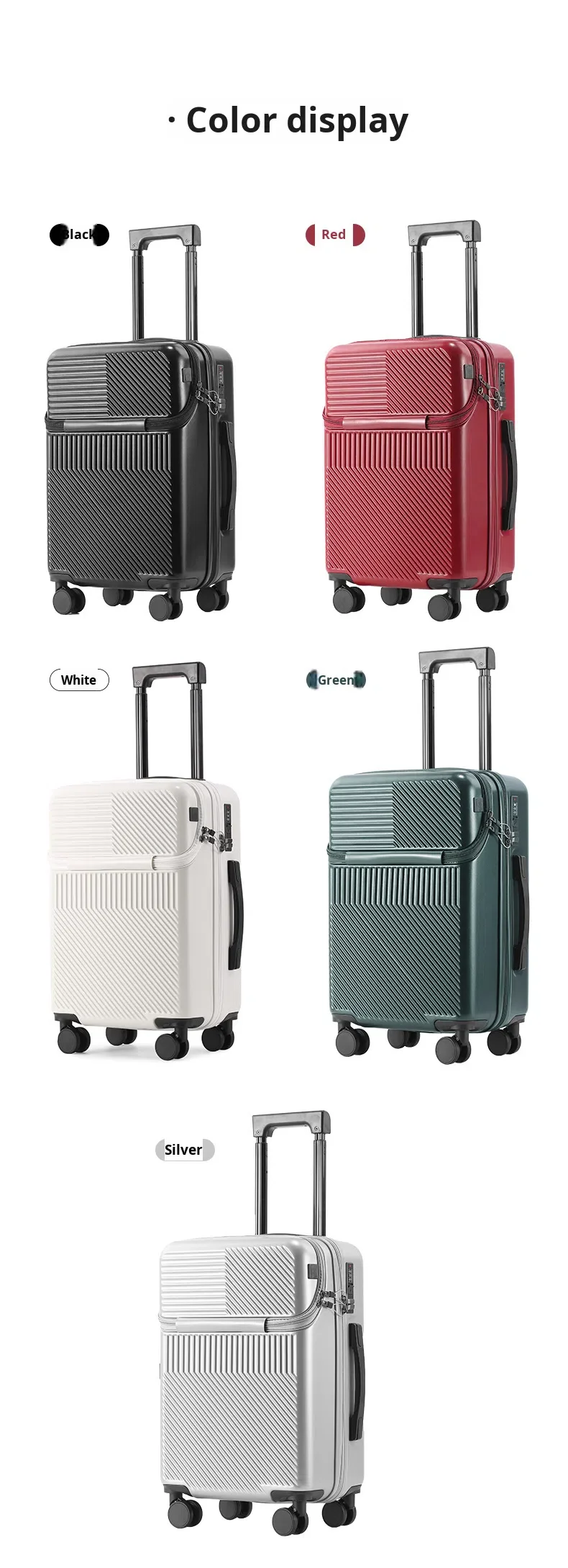 product 2026 new design front opening pocket luggage charging usb cup holder abspc spinner anti theft 20 inch boarding travel suitcase-19