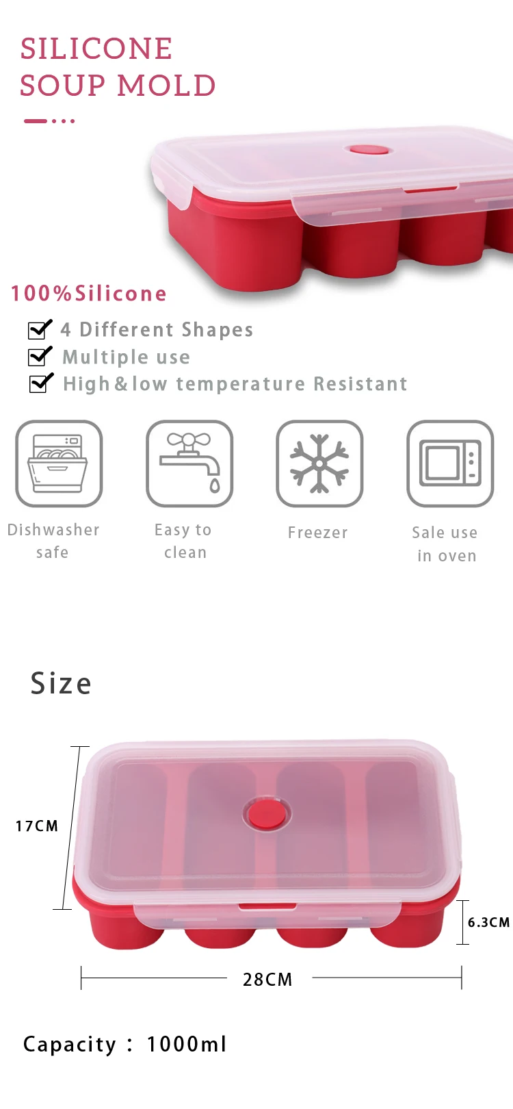 1000ml Extra Large Silicone Freezing Tray With Lid Makes 4 Perfect 1cup