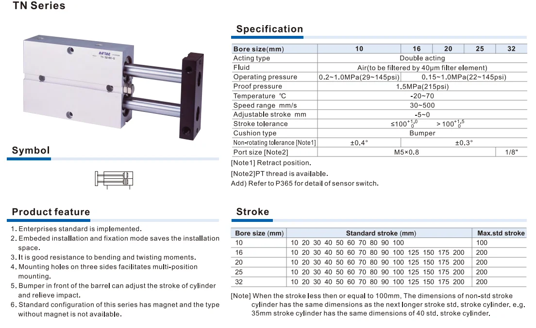 Genuine Airtac TN Series Dual Axis Cylinders Standard Pneumatic Air
