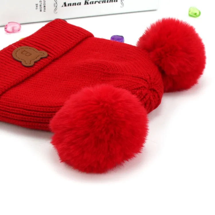 LRT Wholesale Winter Custom Logo Kids Brushed Hat Pure Color Earflaps Cap Cute Bear Baby Knitted Hat With Pom Pom Ears