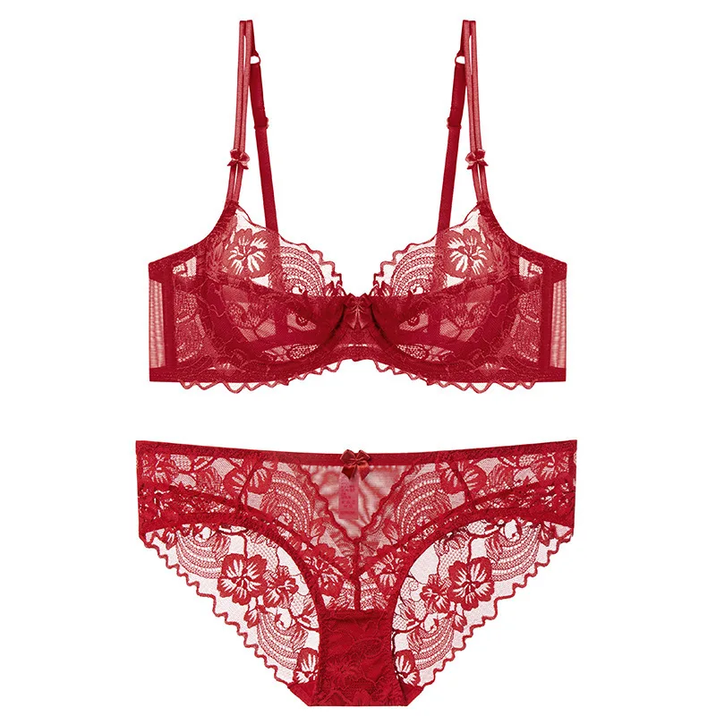 Pure Desire Summer French Bra Set Floral Patterned Breathable Lace Underwear for Big Chest High-Sexy Thin Cup Bikini Plain Dyed