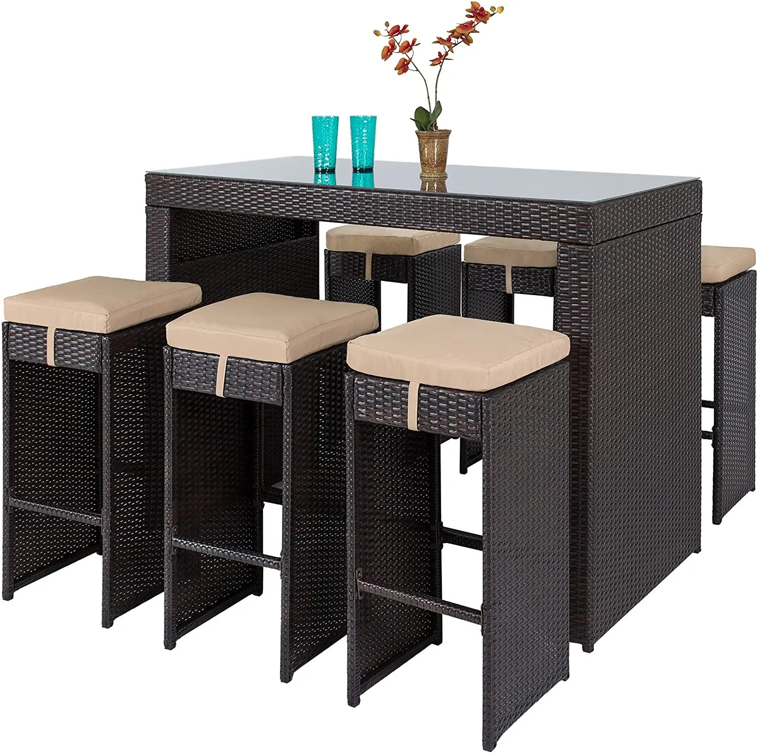 7piece Outdoor Rattan Wicker Bar Dining Patio Furniture Set W/glass