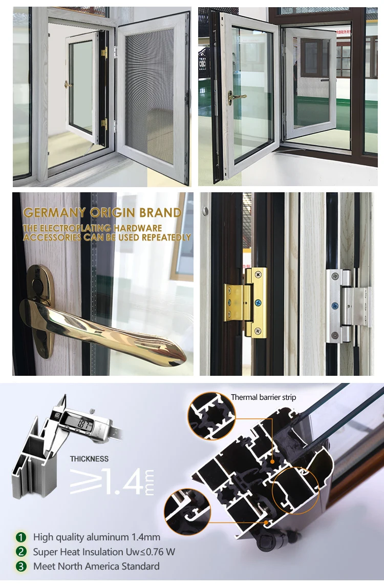New design  double low-e glass aluminium casement window