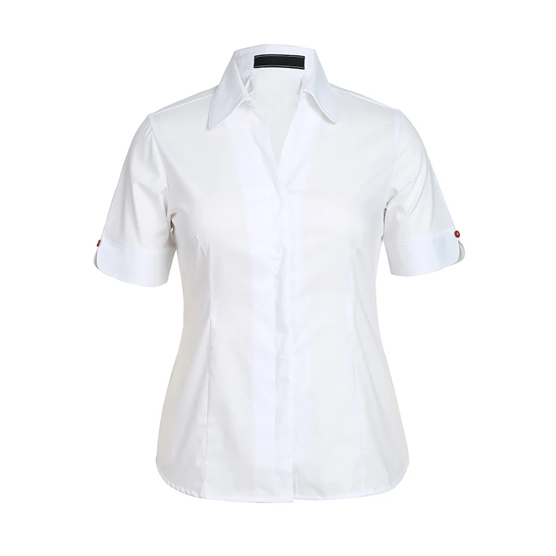 
Womens Flight Attendant short shirt uniform CUSTOM CVC fabric small tape and contrast button on the sleeve STEWARDESS uniforms 
