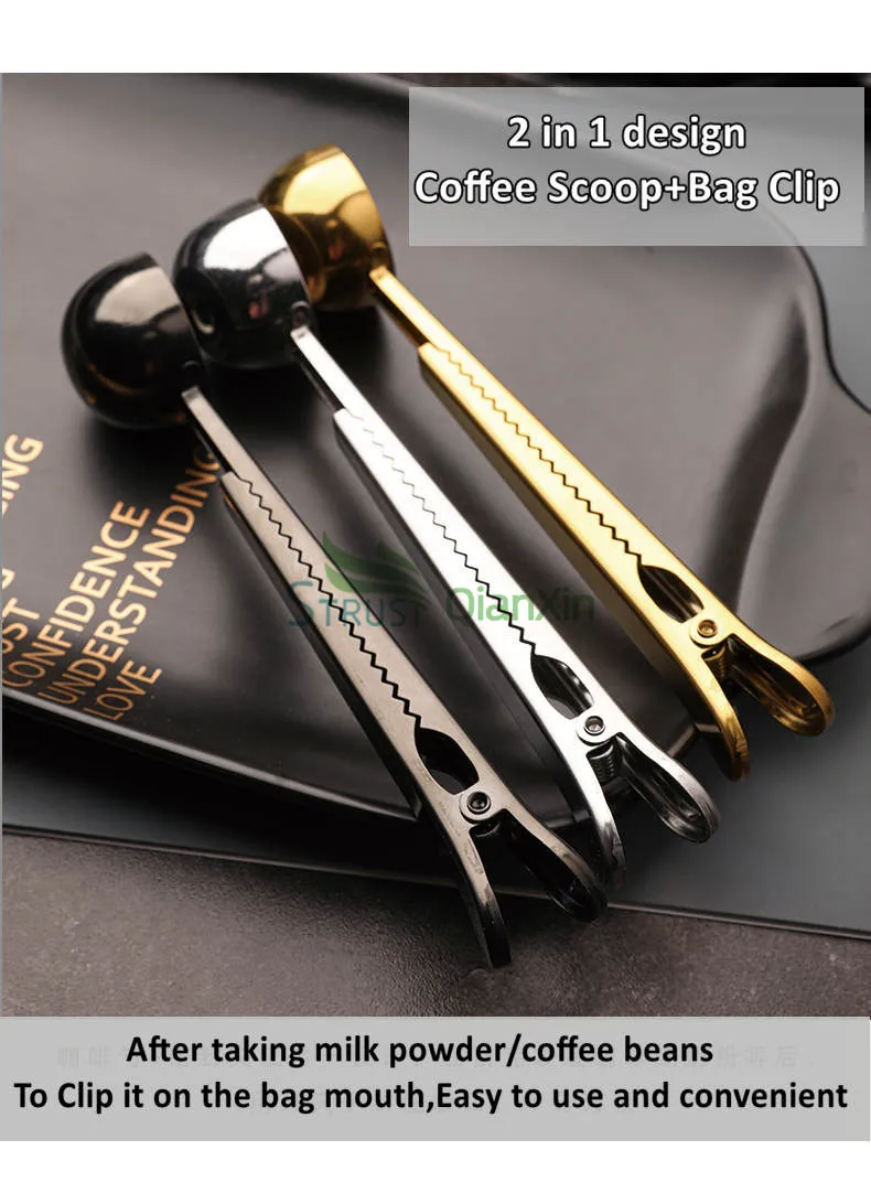 Stainless Steel Coffee Tea Measuring Spoon With Integrated Seal Bag Clip Tools Coffee Scoop 0419