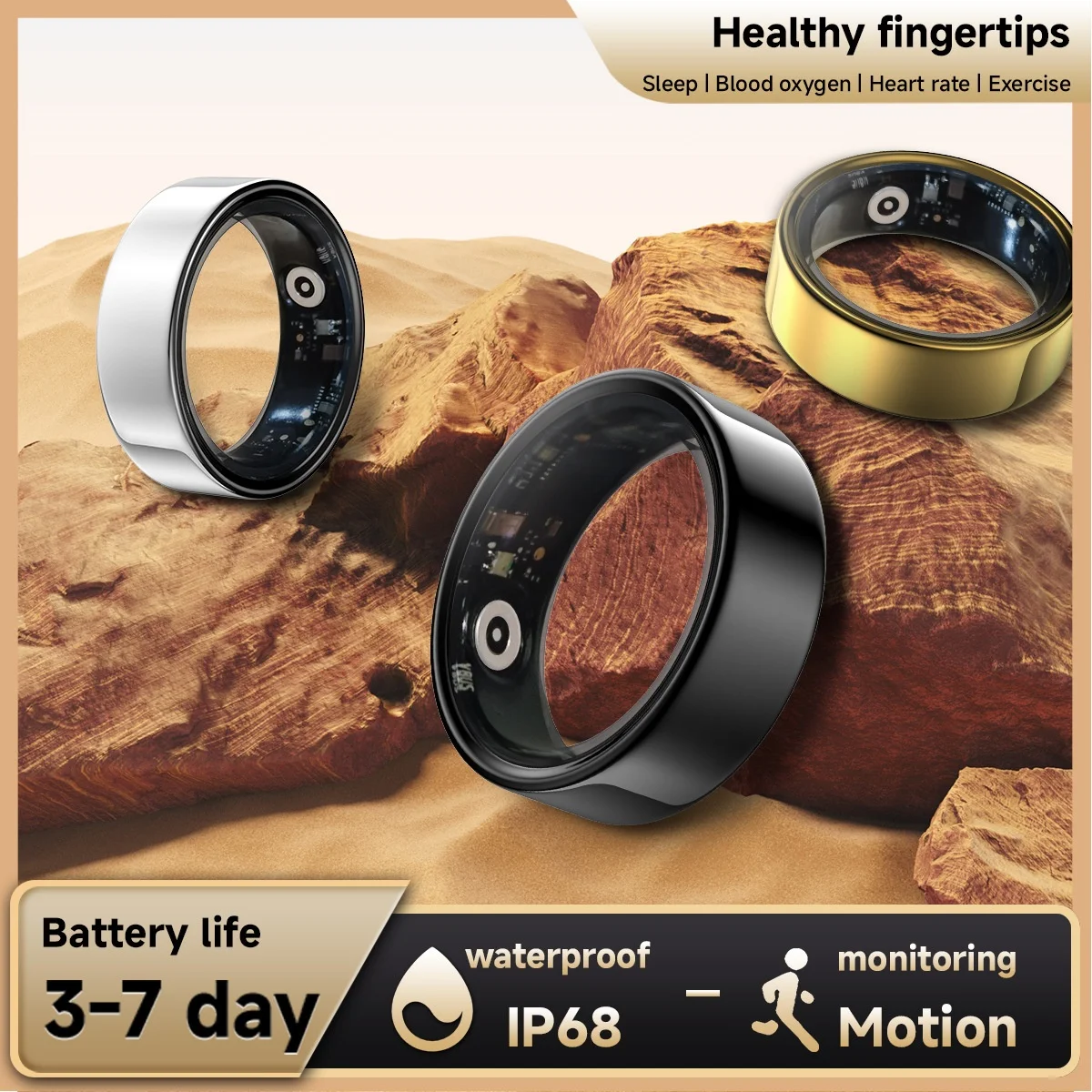 LA380 Smart Ring IP68 Waterproof Heart Rate Blood Oxygen Monitoring Sleep Tracking Remote Control Ceramic Case Android iOS