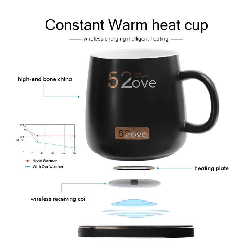température constante 55 ° Chauffage tasse à café chauffe-téléphone chargeur sans fil 10-15W 5V chauffe-tasse à café avec interrupteur tactile intelligent pour bureau à domicile Réchauffeur de tasse à café 