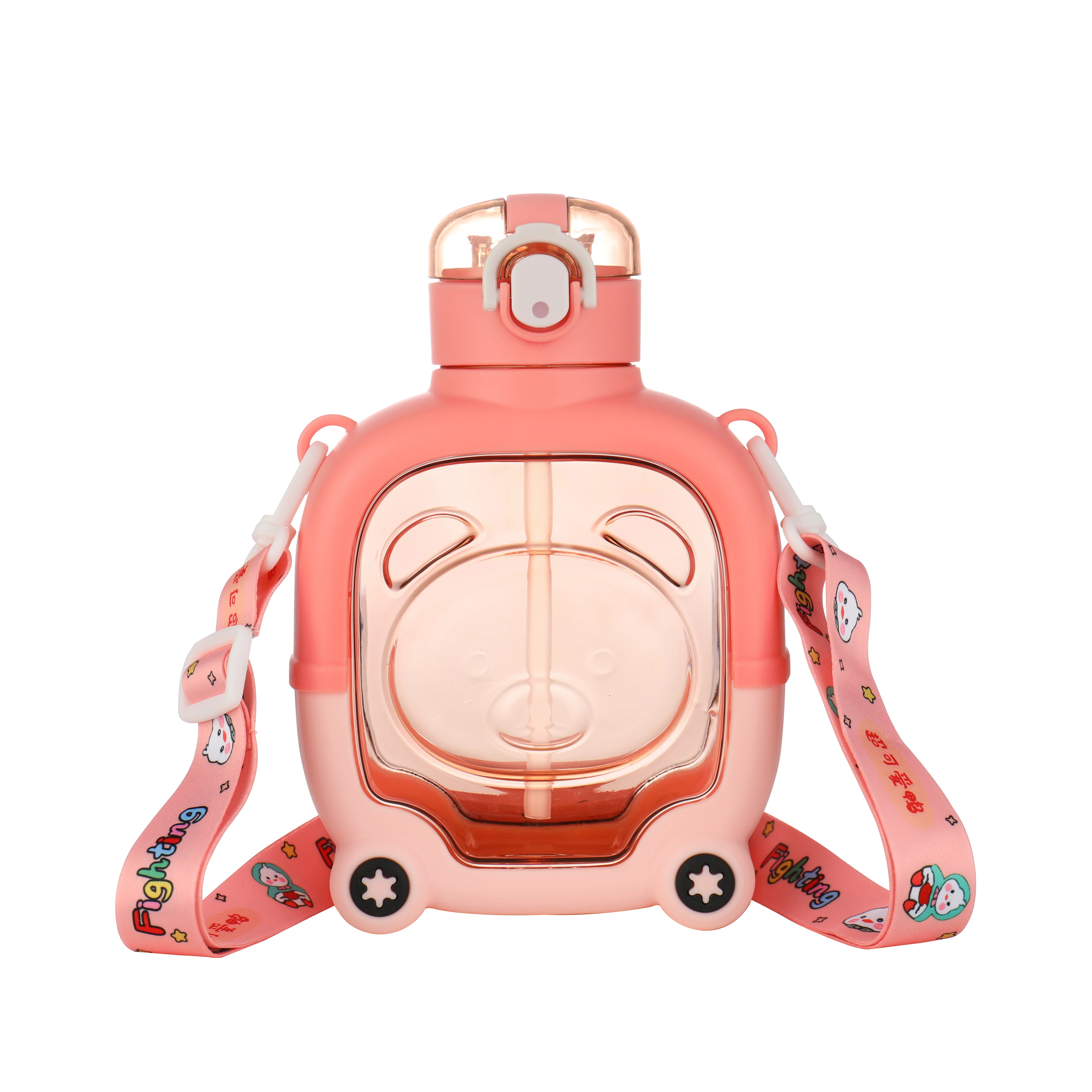 Plastic Cartoon Bear Portable Water Bottle With Straw and Strap Outdoor ...