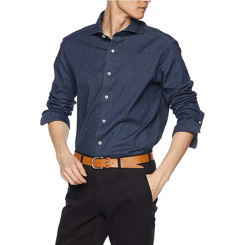 男士黑色衬衫秋季冬季水洗牛仔裤衬衫长袖修身衬衫