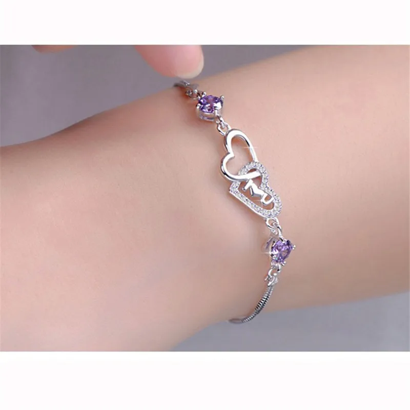 新款锆石爱心手链 925 银饰细妇女礼物