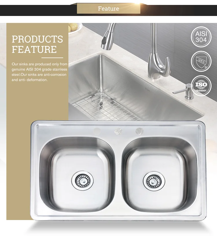 33 Inch 6040 Double Bowl 18 Gauge Stainless Steel Top Mount Kitchen Sink Best Sink Popular Sink