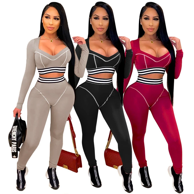 New Sexy 2021 Fall Fashion Sexy Long Sleeve Crop Top And Pants 2 Piece Set Women Two Piece Set Women Clothing