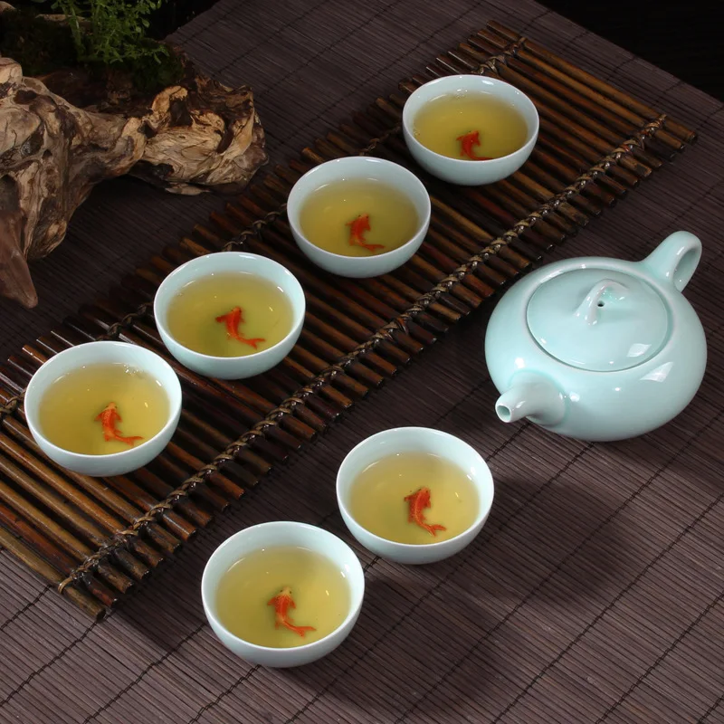 Chinese Tea Cups Porcelain Celadon Fish Teacup Set Loose Leaf Teapot