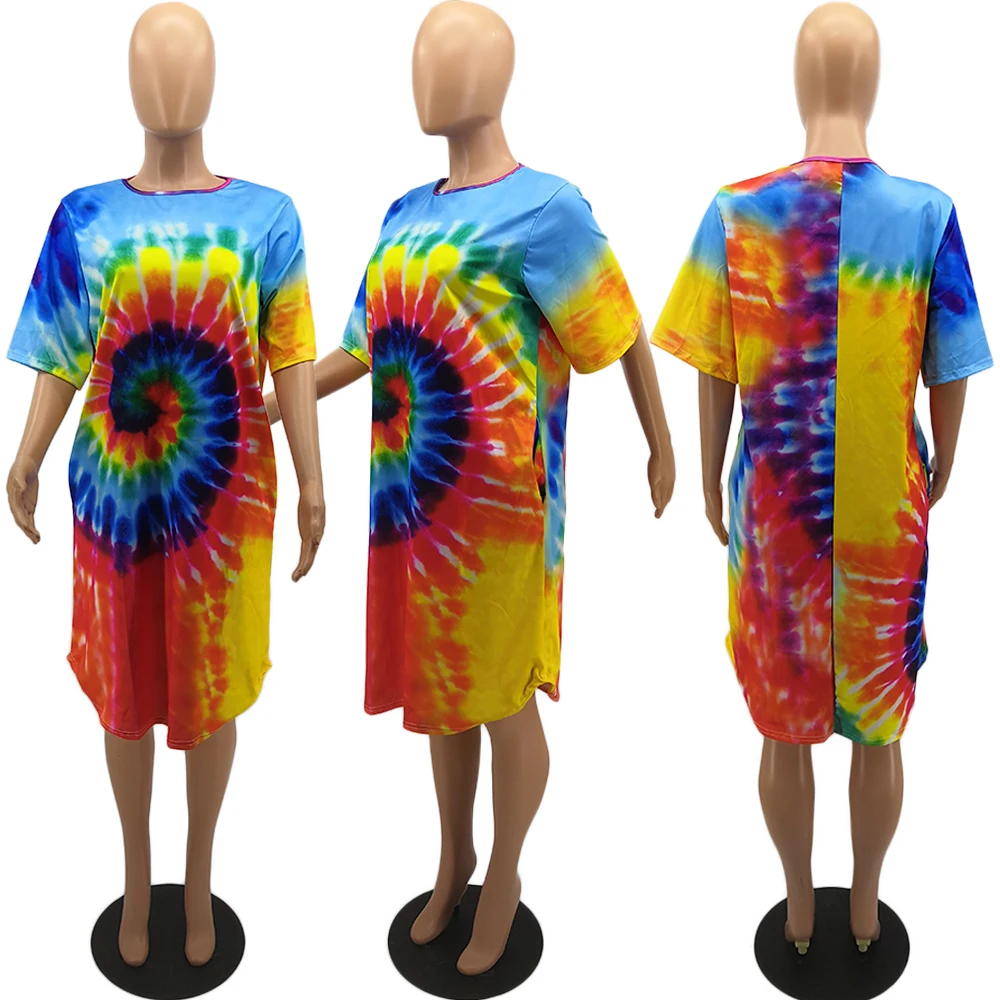 H1203 Plus Size Short sleeve Round collar tie dye printing Casual Women T shirt Dress