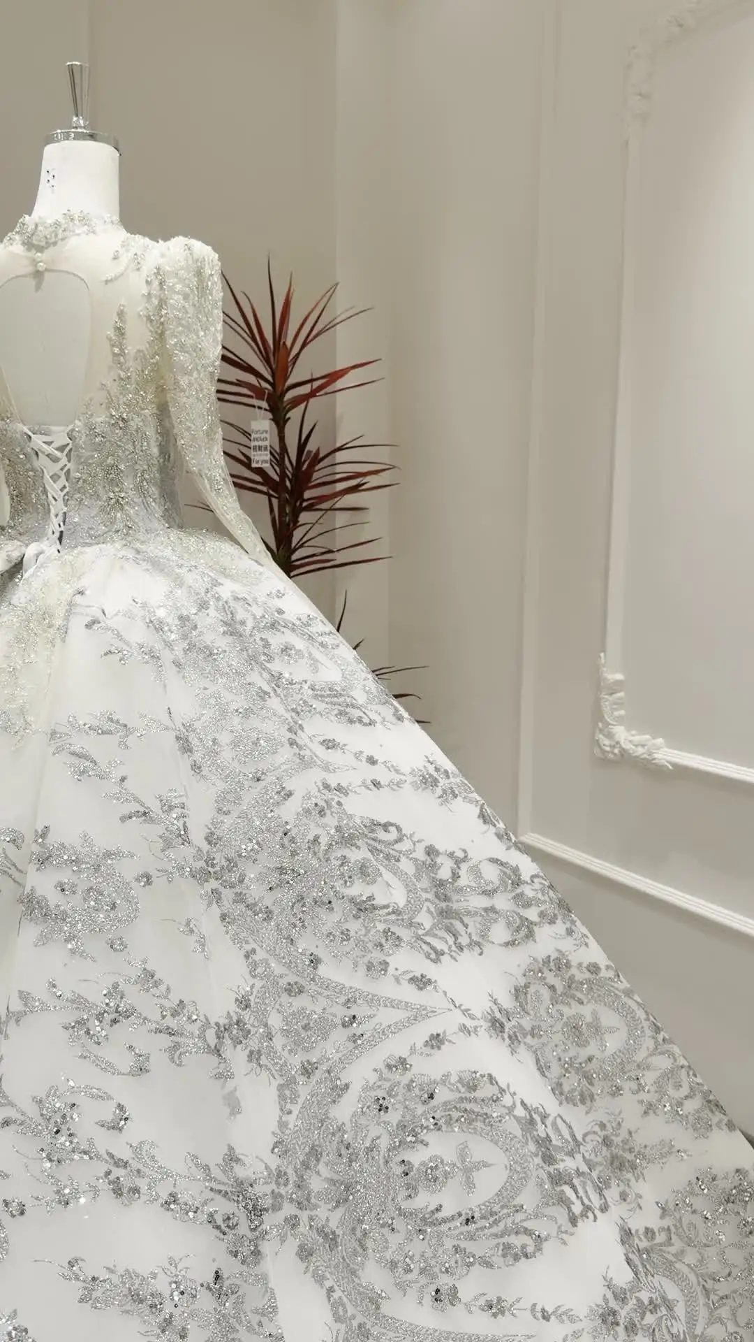 Xx36 Majestic Ivory Blue Wedding Dress Ball Gown High Neck Long Sleeve  Sequin Bridal Gown Cathedral Train Jancember
