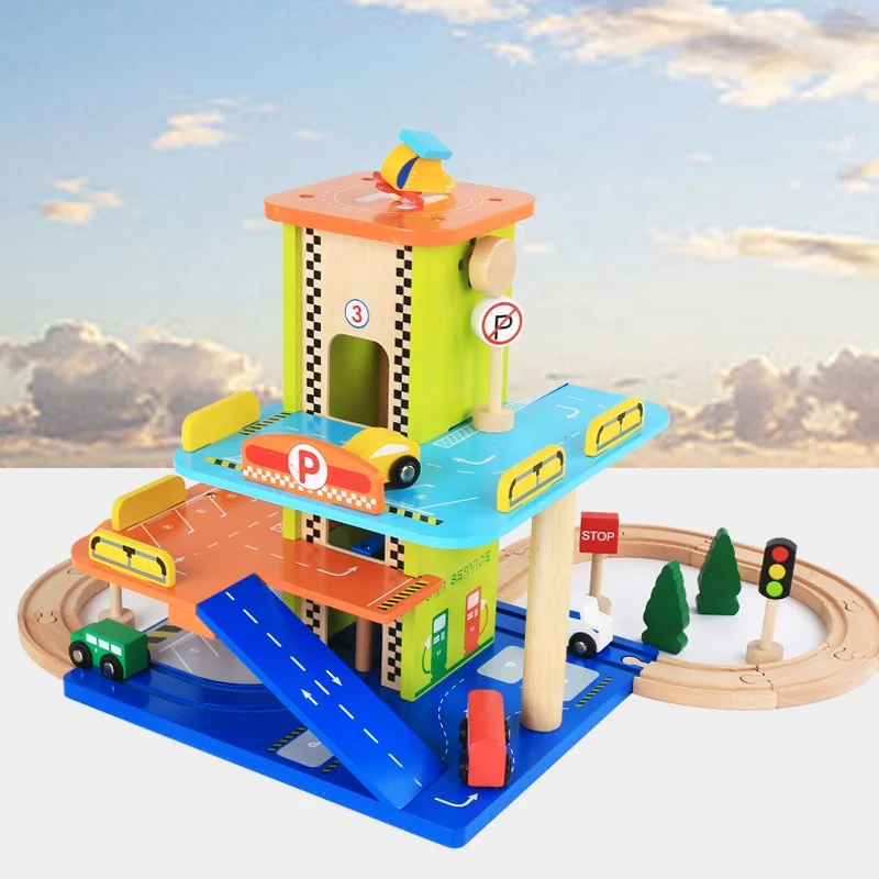 cartoon wooden garage parking lot pretend game toys