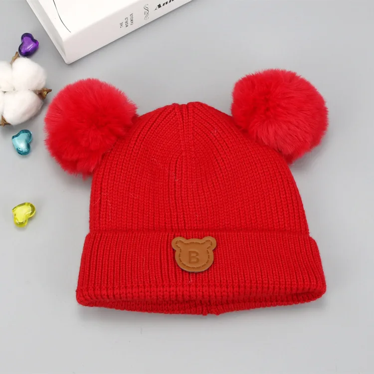 LRT Wholesale Winter Custom Logo Kids Brushed Hat Pure Color Earflaps Cap Cute Bear Baby Knitted Hat With Pom Pom Ears