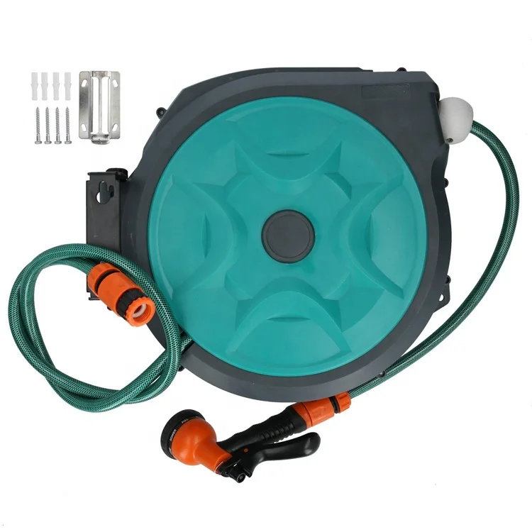 Wall Mounted Retractable Automatic Garden Water Hose Reel 10m Plastic Outdoor Green Support