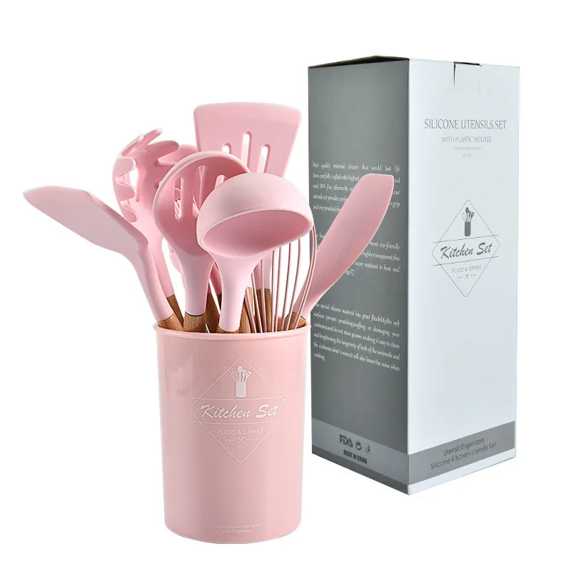 Pink Silicone Utensils Set With Plastic Holder
