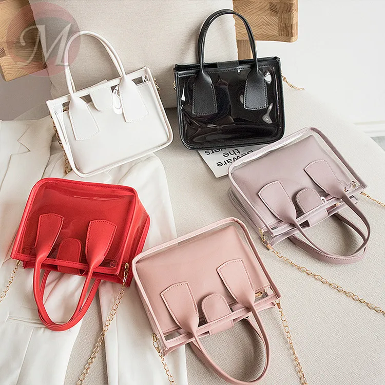0270419 Best price Popular PVC transport crossbody hand bag women in summer with mini leather pocket and chain handle for girls