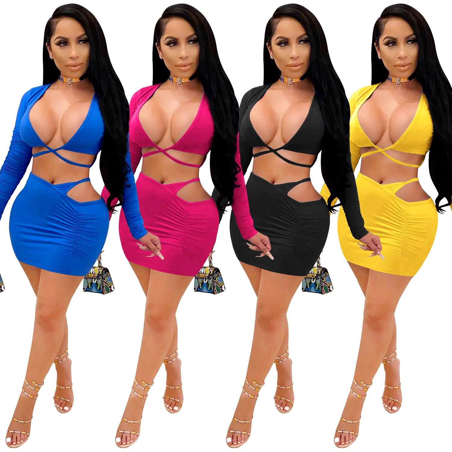 
new arrival sexy cross bandage skirt long sleeve deep v crop top 2 piece set women 