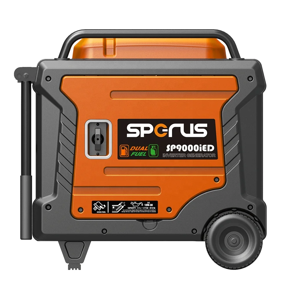 Generator mounted on concrete pad with grounding rod, transfer switch, and clearly labeled fuel containers
