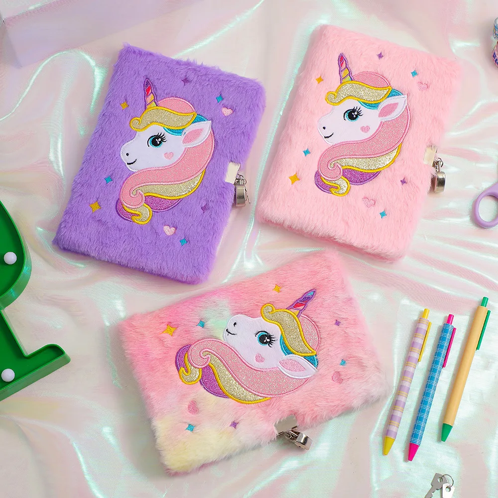 Cute Diary Cartoon Animal Plush Unicorn Fluffy Notebook With Lock Girl ...