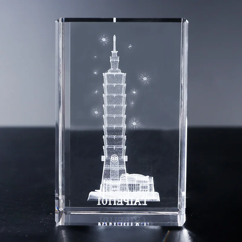 3D Crystal Cube K9 Quartz Glass Model Hand Carved 3D Taipei 101 Tower Building Polished Laser Engraving Tourist Souvenir Gifts factory