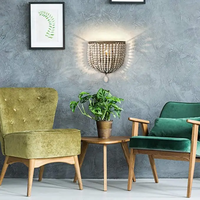 product vintage bohemian wood bead wall lamp gray blue american style home corridor bedside led light for living room villa homestay-5
