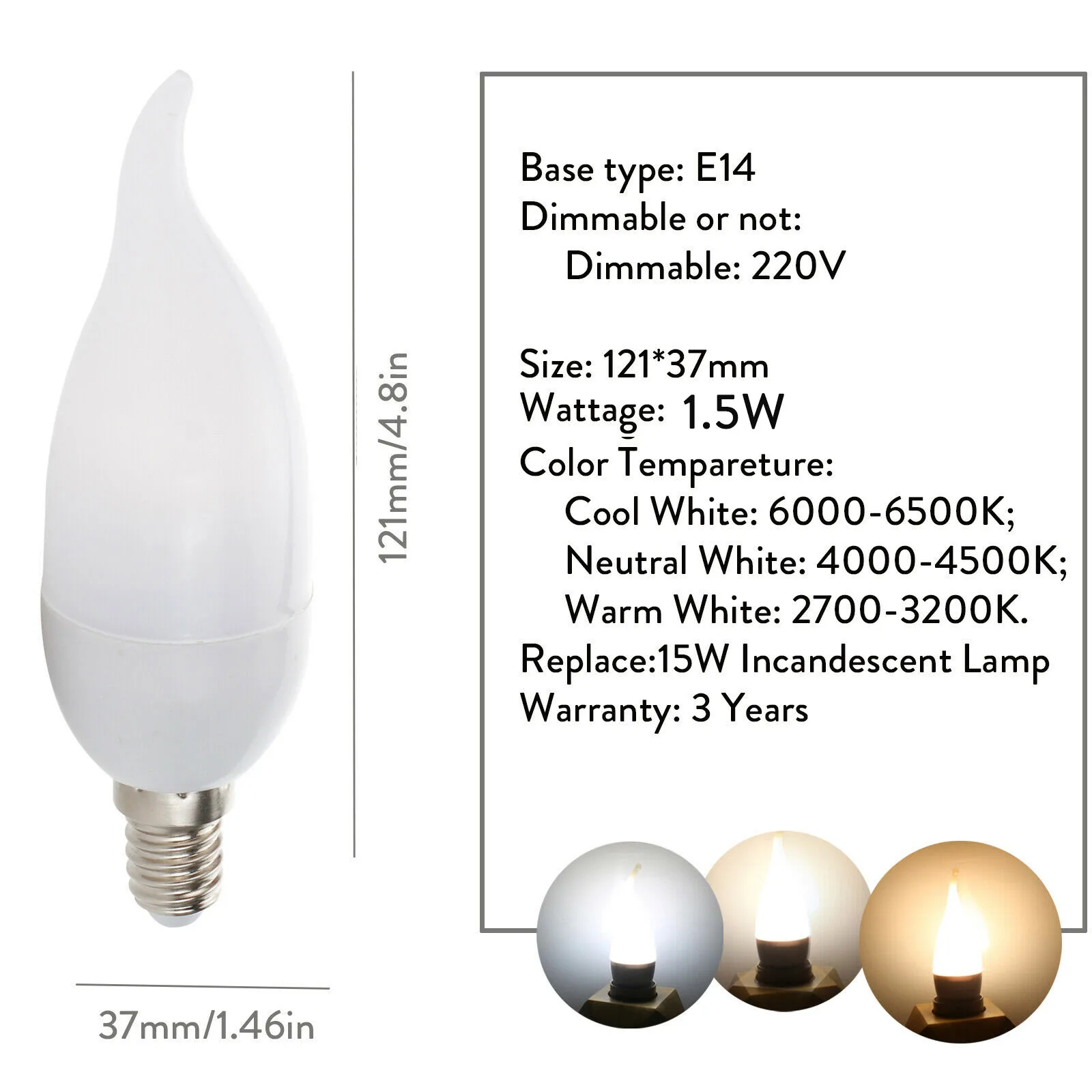 E12 E26 E27 E14 B22 3W LED Chandelier Flame Candle Light Bulb Lamp 2835SMD White 