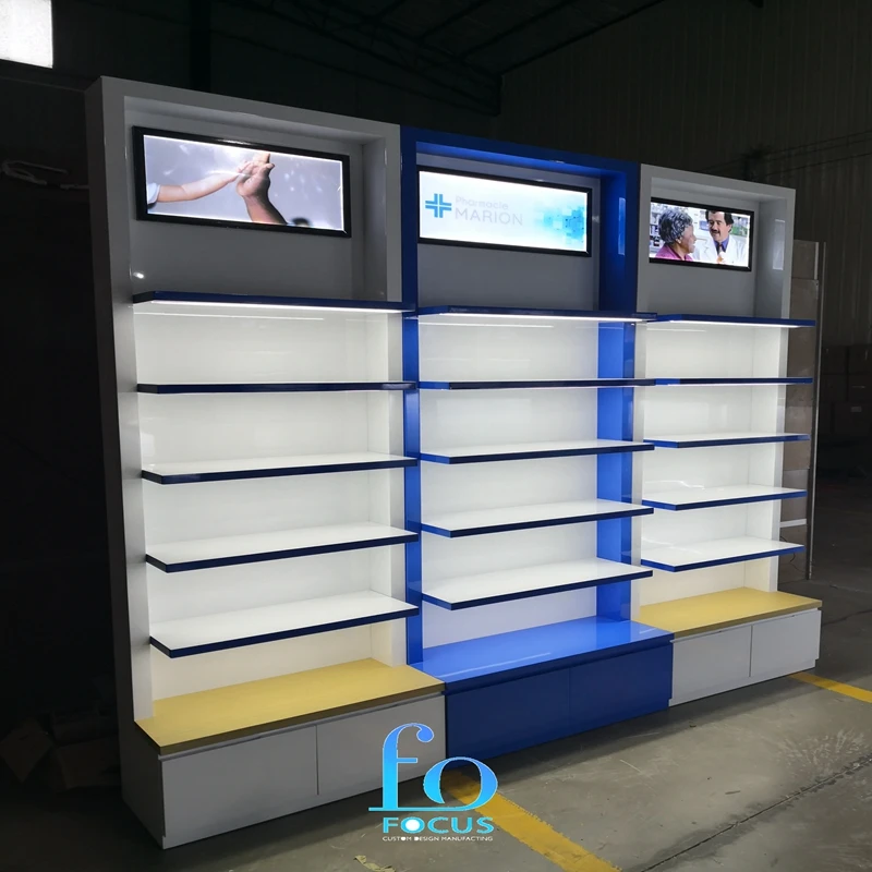 Wall Type Largecapacity Multilayer Mdf Wooden Pharmacy Display Stand Veneer Medical Store